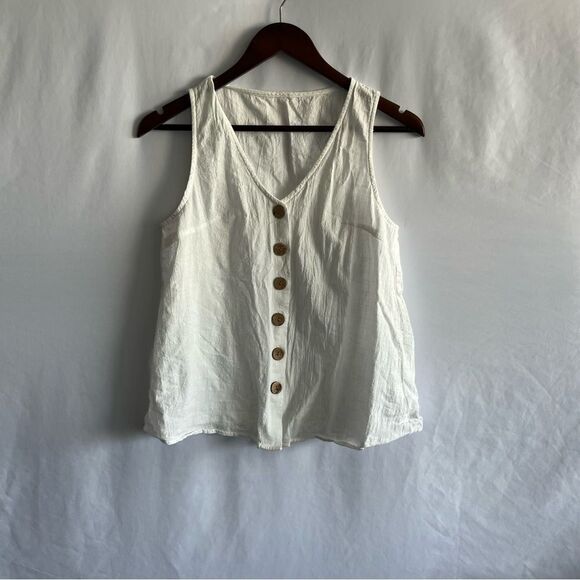 Women's White Button Front Breezy Tank Top - Picture 7 of 12